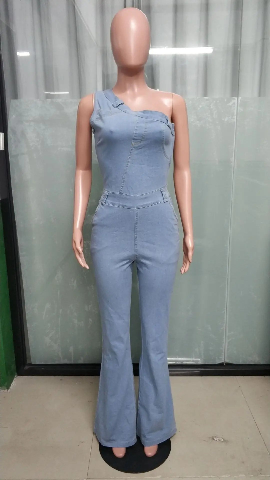 Demin Overalls Women Jumpsuits One Shoulder Mom Jeans Bodycon Long Pants Flare Pant High Waist Streetwear Y2k Slim Fit Rompers Purplish Diva