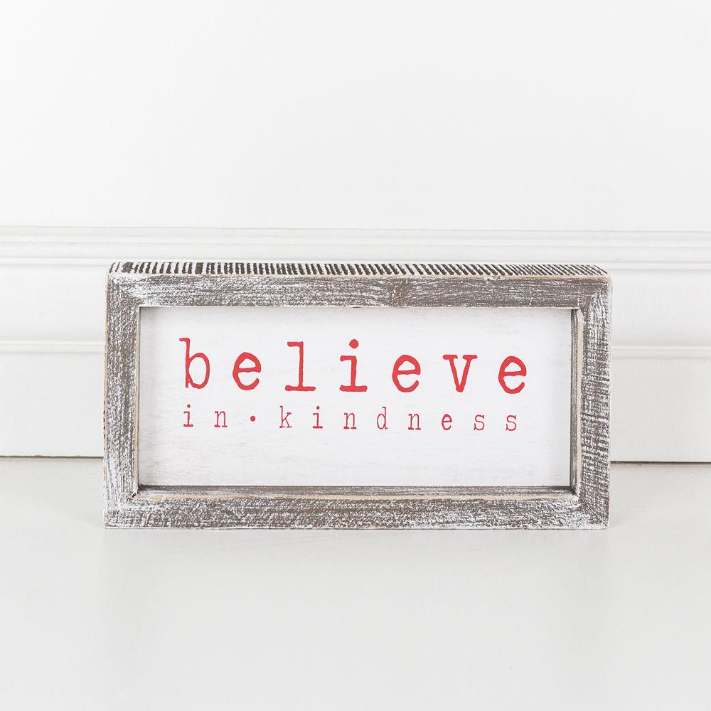 Believe In Kindness Wood Sign Christmas Wall Decor 8.5x4x1.5 Framed Rustic Holiday Gift BandsCo Straps