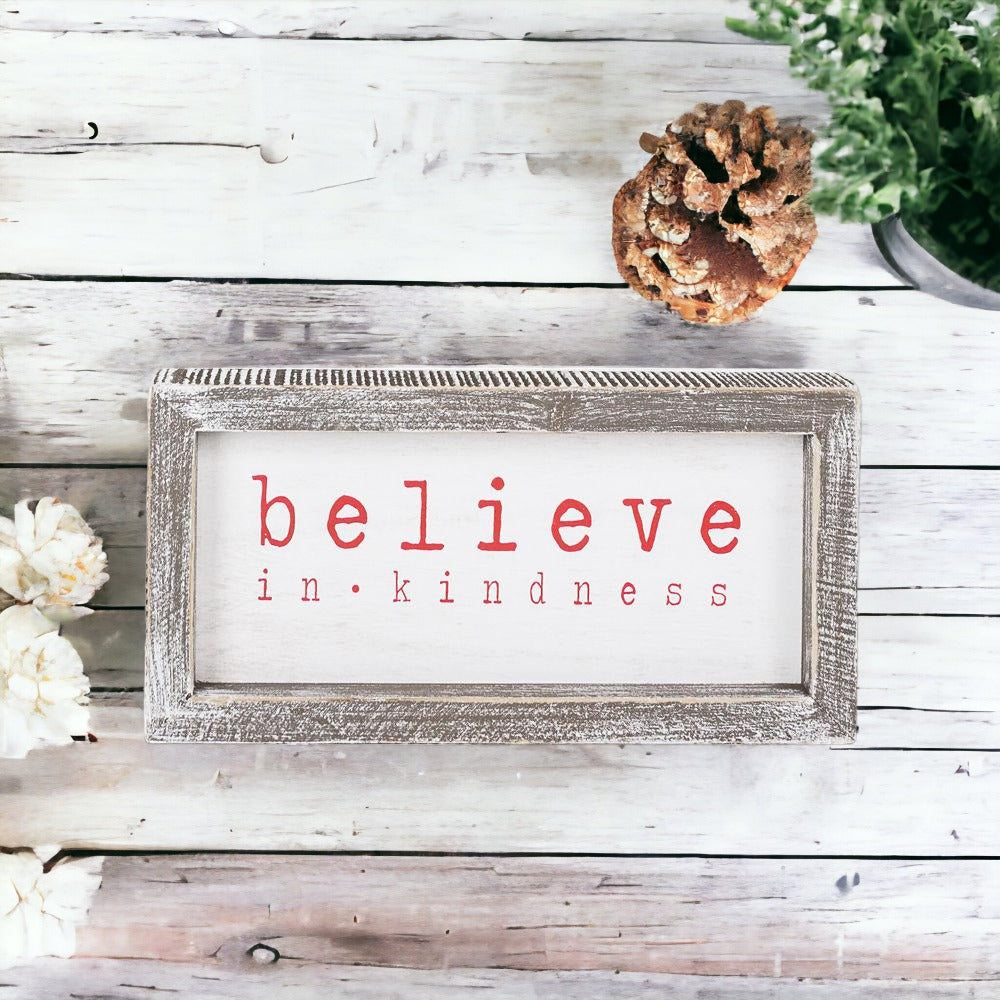Believe In Kindness Wood Sign Christmas Wall Decor 8.5x4x1.5 Framed Rustic Holiday Gift BandsCo Straps