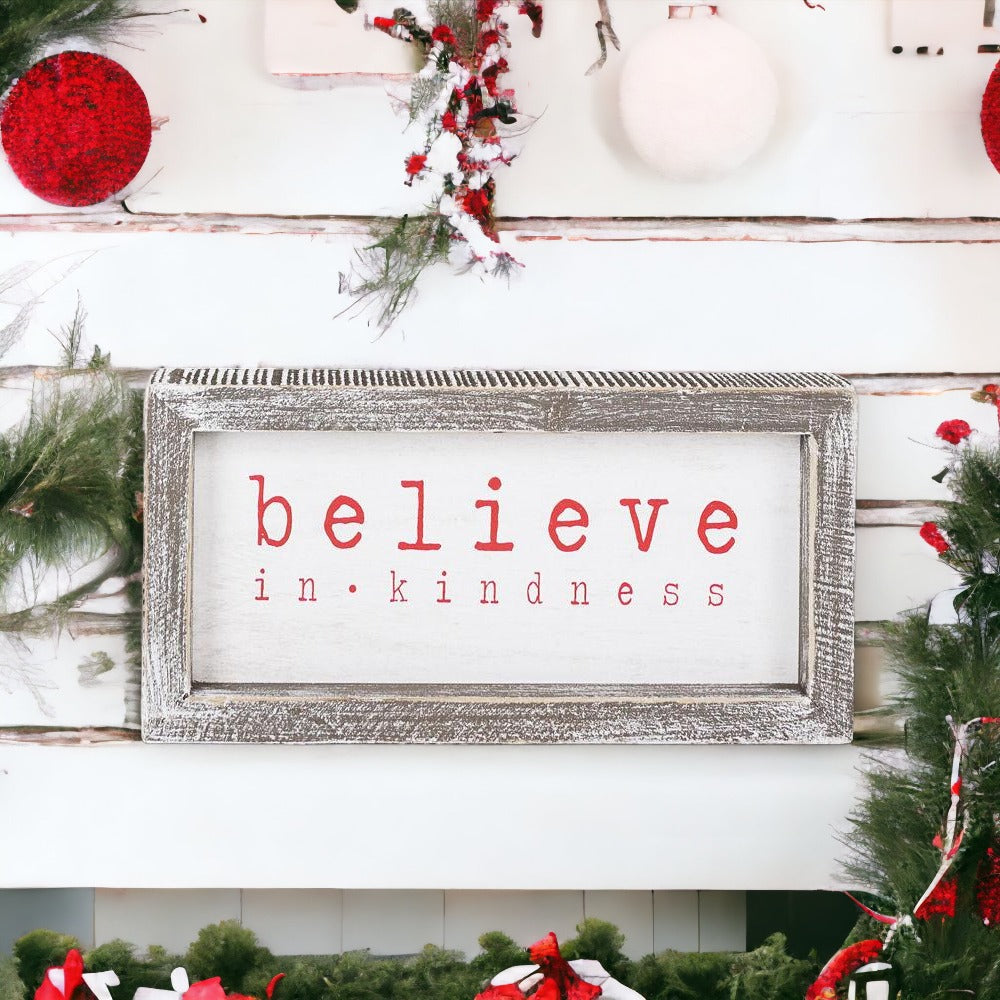 Believe In Kindness Wood Sign Christmas Wall Decor 8.5x4x1.5 Framed Rustic Holiday Gift BandsCo Straps