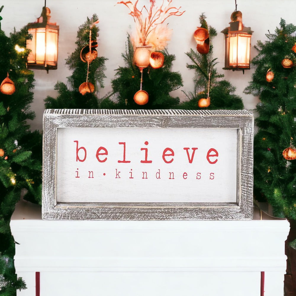 Believe In Kindness Wood Sign Christmas Wall Decor 8.5x4x1.5 Framed Rustic Holiday Gift BandsCo Straps