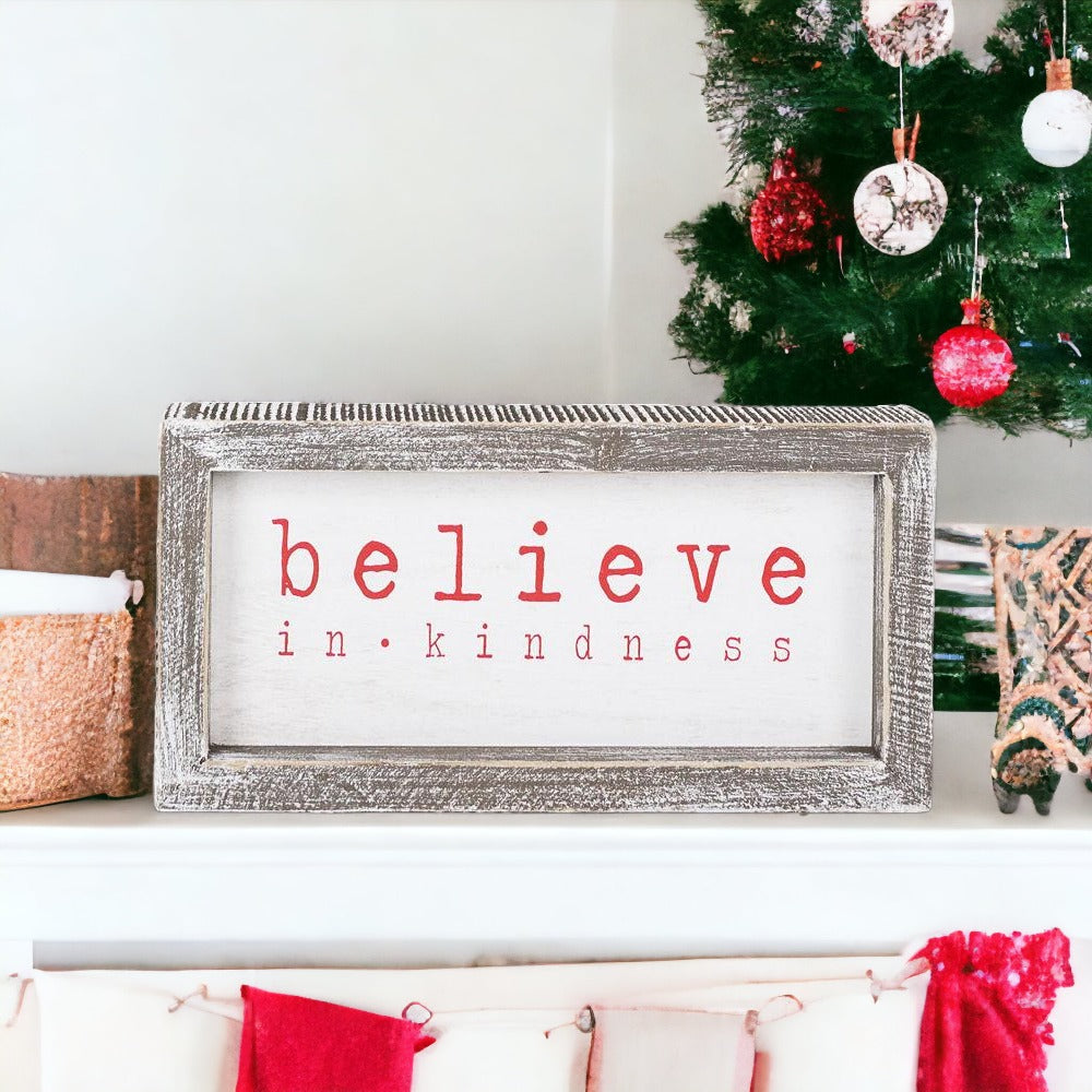 Believe In Kindness Wood Sign Christmas Wall Decor 8.5x4x1.5 Framed Rustic Holiday Gift BandsCo Straps