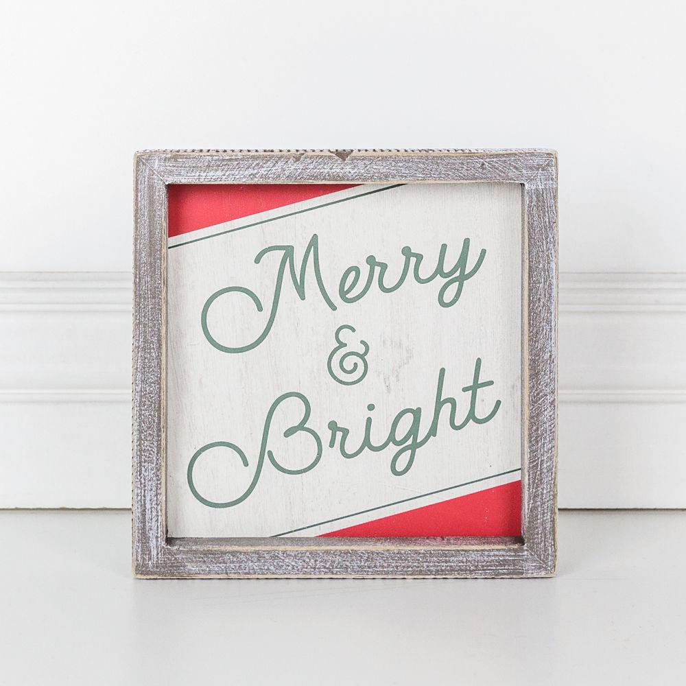 Merry And Bright 7 Inch Wood Christmas Wall Sign Red Green White Holiday Home Decor 7x7x1.5 BandsCo Straps