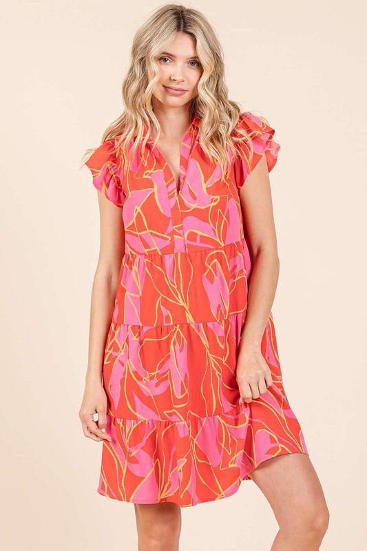 Leaf Print Ruffle Sleeve Tiered Mini Dress For Summer – Fluttering, Playful and Feminine Dress with Layered Details Stevvex