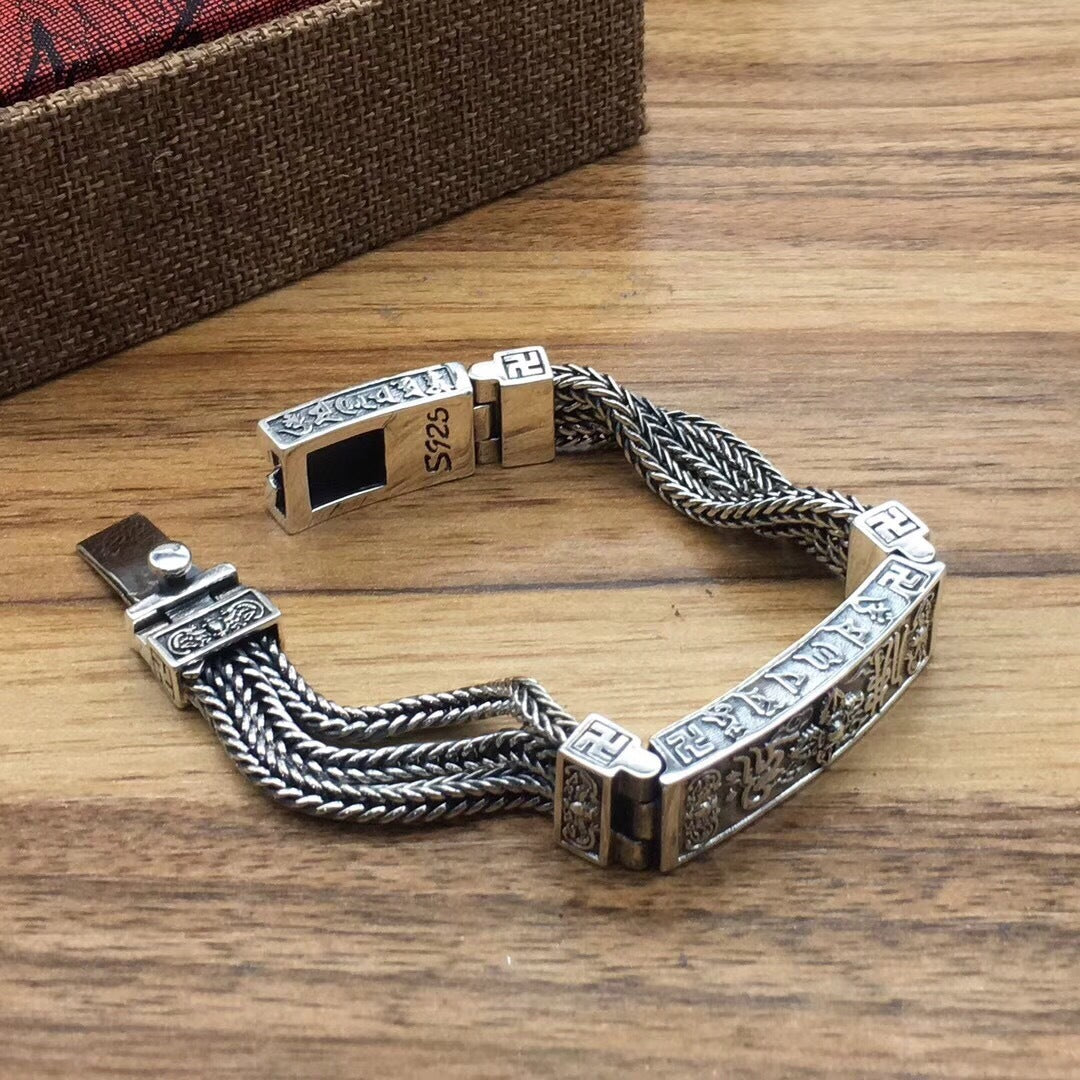 S925 Sterling Silver Men's Vintage Bracelet Six Words Mantra Pi-Mart