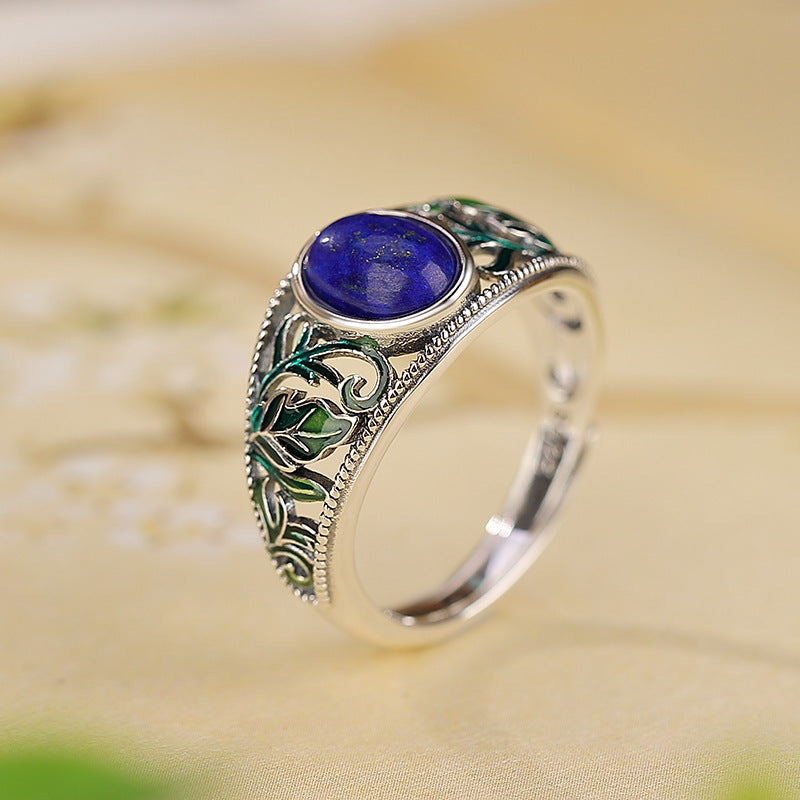 Sterling Silver Lapis Lazuli Hollow Enamel Leaf Ring Pi-Mart