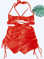 Coastal Curve Halter Bikini Set for Women – V-Neck Crisscross Drawstring Swimsuit with Chic Ring Detail & High-Waisted Boxer Shorts for Summer – Sleek Two-Piece Nylon Swimwear for Women’s Beach & Poolside Style