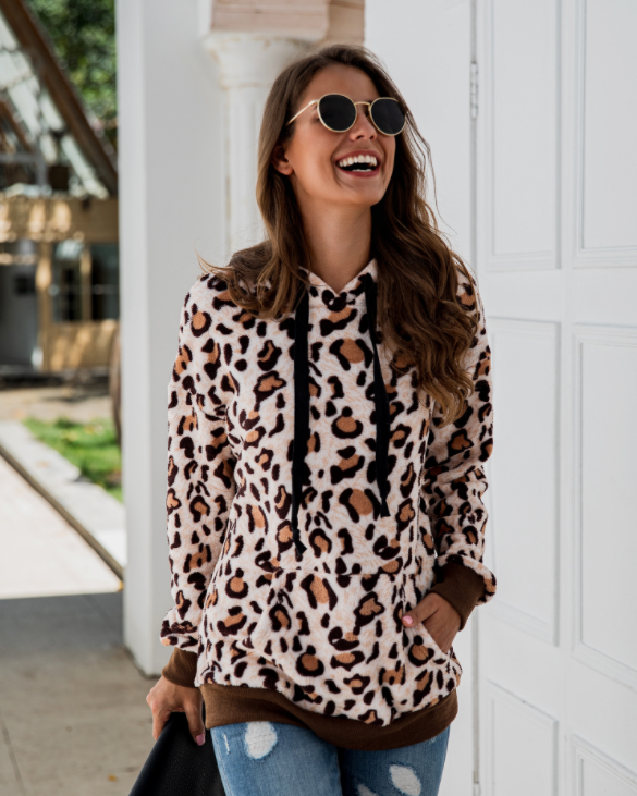 Leopard Print Pocket Hoodie Pi-Mart