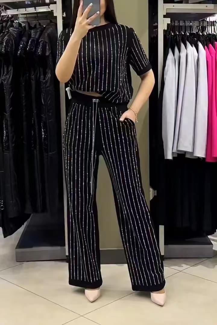 Vertical Striped Rhinestone Top Two-piece Set Pi-Mart
