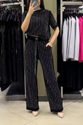 Vertical Striped Rhinestone Top Two-piece Set Pi-Mart