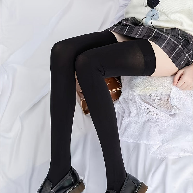 Elastic Solid Thigh High Socks, Japanese Style Over The Knee Socks, Women's Stockings & Hosiery Lootquake LLC
