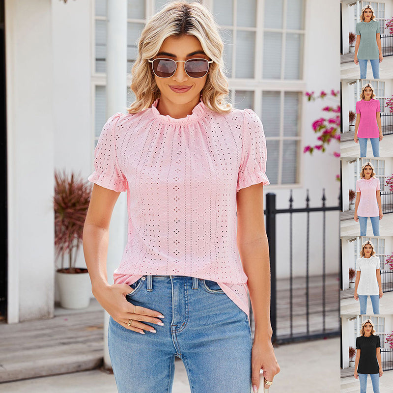 New Fashion Lacework Round Neck Top Summer Puff Sleeves Hollow Design Loose Pleated T-shirt For Womens Clothing Pi-Mart