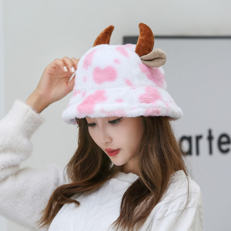 Cow Pattern Fisherman Hat With Cute Horn Winter Fashion Thickened Warm Plush Hat For Women Pi-Mart