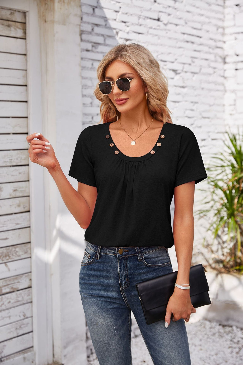 Women's Short-sleeved T-shirt Summer Button Square Collar Pleated Design Solid Color Loose T-shirt Womens Clothing Pi-Mart