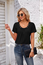 Women's Short-sleeved T-shirt Summer Button Square Collar Pleated Design Solid Color Loose T-shirt Womens Clothing Pi-Mart