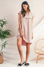 Oatmeal Frilled Trim Crewneck Loose Fit Mini Dress