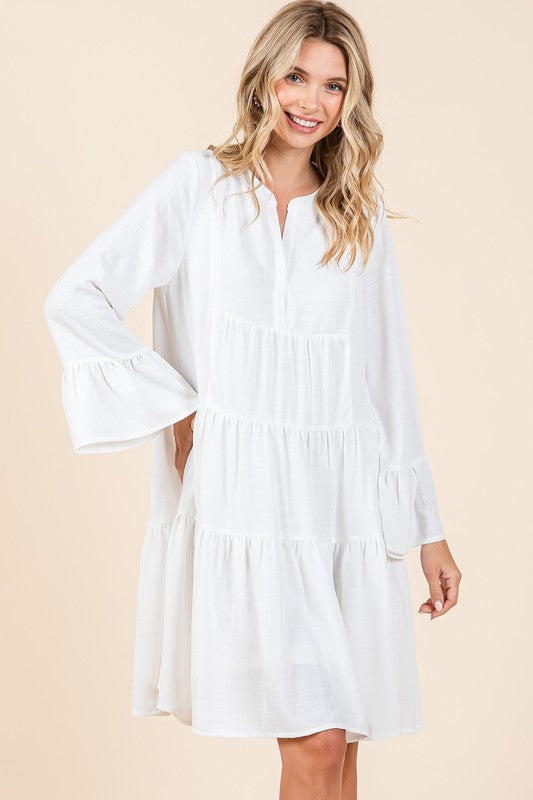 Tiered Notched Flare Sleeve Dress – Playful and Stylish Dress with Flare Sleeves and Notched Neckline Stevvex