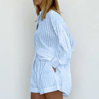 Women's Graceful And Fashionable Striped Puff Sleeve Shorts Suit Pi-Mart