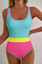 Rose Red Textured Colorblock One Piece Swimsuit