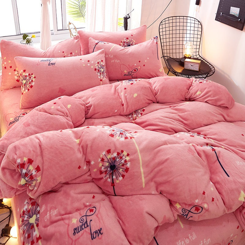 Flannel Bed Sheet Cover, Quilt Cover, Pillowcase And Bedding Set Of 4 Pi-Mart