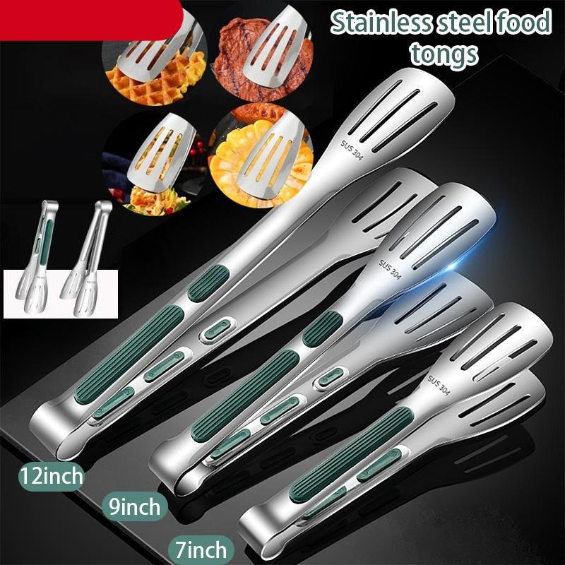 7/9/12inch 304 Stainless Steel Kitchen Tongs BBQ Clamp Grill Cooking Clamp Silicone Food Tong Kitchen Accessories Food Tong BBQ Grill Steak BBQ Clip Cooking Tools Stainless Steel Convenient Non-Stick Barbecue Tong Stevvex