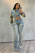 2024 Women's Printed Splicing Denim Jacket Long Sleeve and Piercing Jeans Long Pants Color Contrasting Set Two Piece Set Purplish Diva