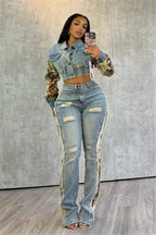 2024 Women's Printed Splicing Denim Jacket Long Sleeve and Piercing Jeans Long Pants Color Contrasting Set Two Piece Set Purplish Diva