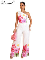 Znaiml Flower Print 2 Piece Pant Set Women Skew Collar Crop Tops and Wide Leg Pants Casual Summer Vacation Party Outfits 2025 Purplish Diva