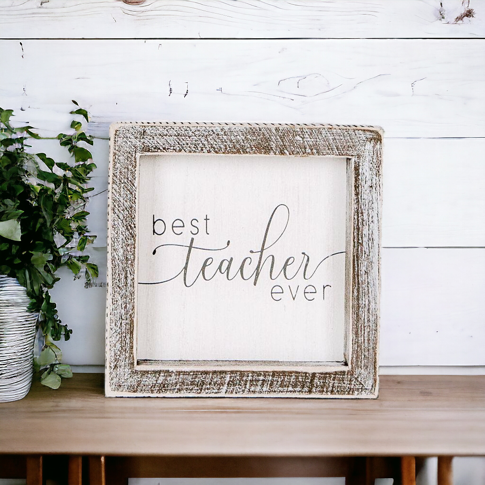 Best Teacher Ever Wooden Sign 5x5 Framed Gift For Teacher Appreciation Teacher Day Classroom Decor BandsCo Straps