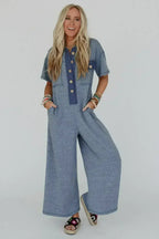 Jet Stream Patchwork Pocket Short Sleeve Jumpsuit