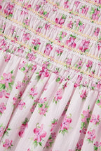White Frill Neckline Shirred Bodice Floral Maxi Dress