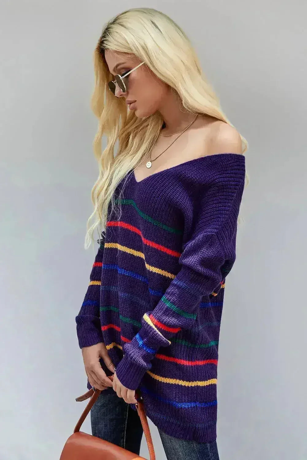 Blue Striped Loose Knit Sweater - SJB-DIAMOND ELITES