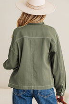 Denim Button-Up Patch Pocket Collared Jacket THRIXINE