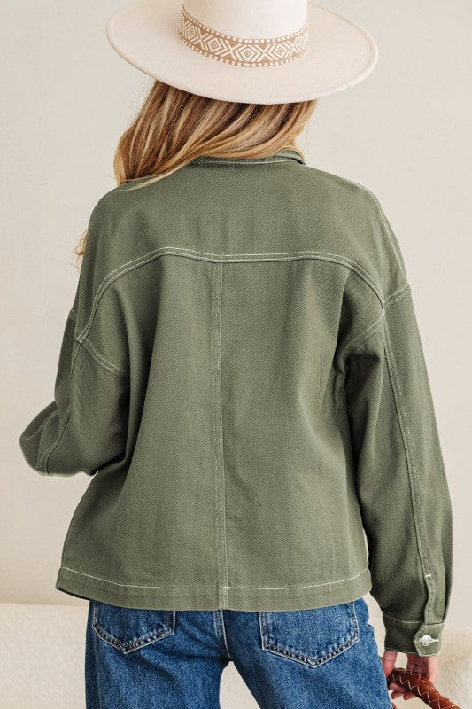 Denim Button-Up Patch Pocket Collared Jacket THRIXINE