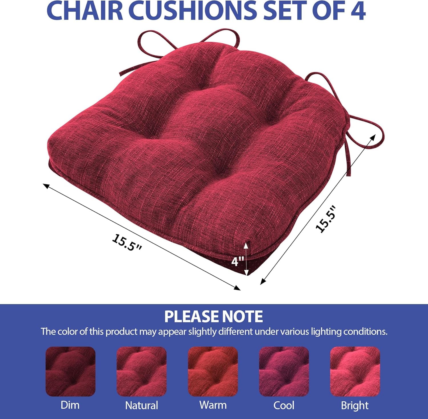 Chair Cushions for Dining Chairs Set of 4, Indoor Kitchen Chair Cushions with Ties and Non Slip Backing, Tufted Memory Foam Seat Cushions, Chair Pads 4 Pack, 15.5" X 15.5" X 4", Red Lootquake LLC