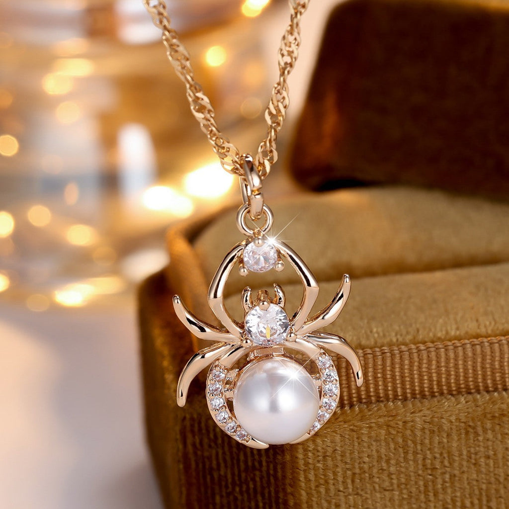 Champagne Gold Round White Diamond Pearl Spider Necklace Pi-Mart