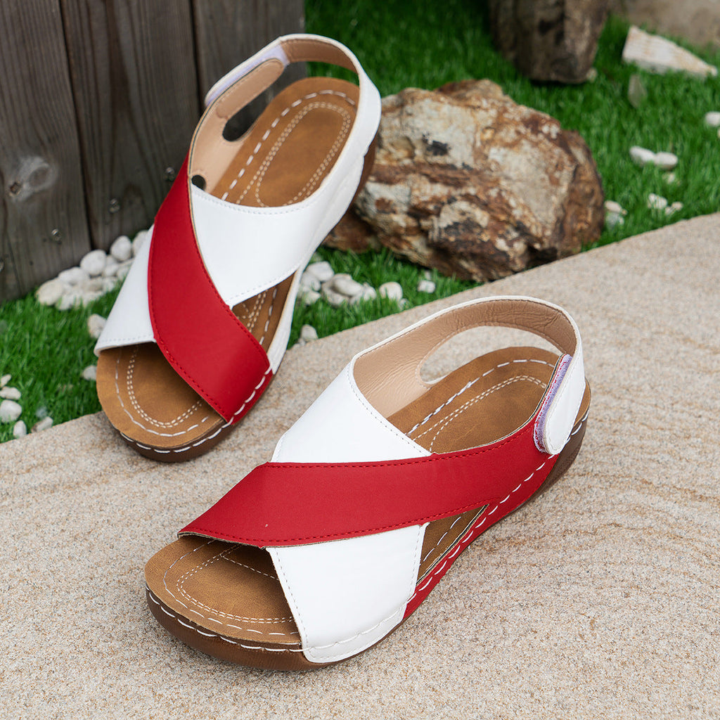 Summer Wedges Sandals With Colorblock Cross-strap Design Casual Thick-soled Roman Shoes For Women Pi-Mart