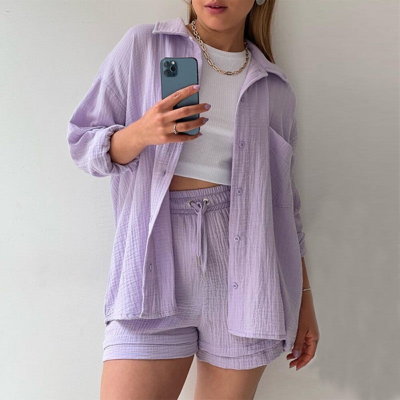 Spring Champray Lapel Long Sleeve Shirt High Waist Drawstring Shorts Plus Size Fashion Casual Set Pi-Mart