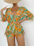 Island Bloom 3-Piece Bikini Set for Women – Tropical Leaf Print Fluttering Swimwear with Flattering Halter Neck Top High Waist Bottoms & Adjustable Drawstring Cover Up – Perfect for Koningsdag Celebrations & Summer Adventures