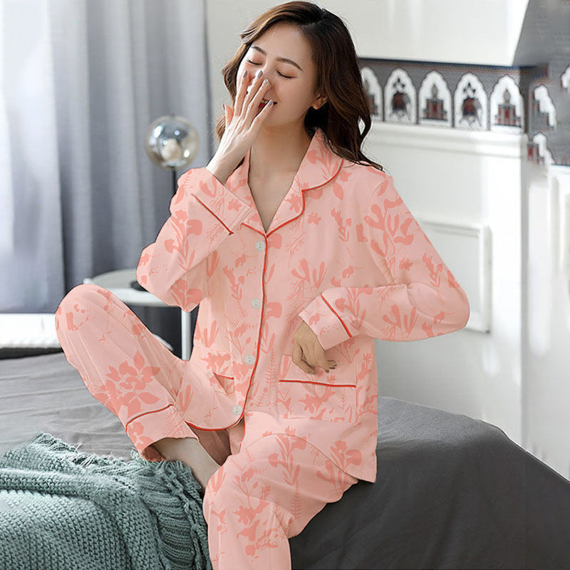 Elegant Women's Autumn And Winter Cotton-like Long Pajamas Two-piece Set Pi-Mart