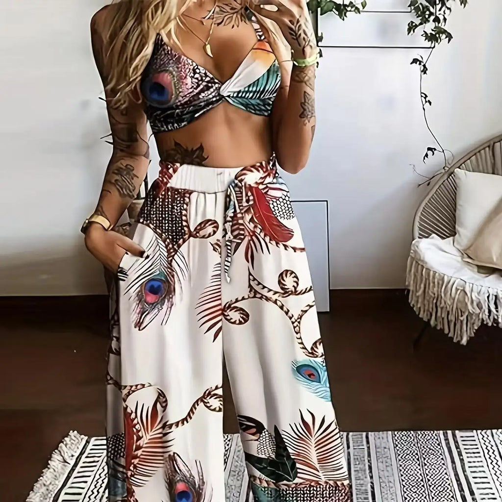 Women's Feather Printed Black Vacation Sexy Strap Pants Set - SJB-DIAMOND ELITES