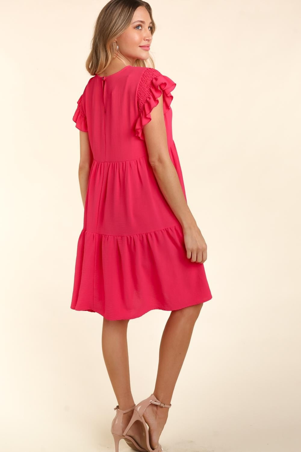 Full Size Smocking Ruffle Short Sleeve Dress with Pockets For Women – Flattering Smocked Dress, Ruffle Short Sleeve Dress, Practical Pocketed Dress, Chic Ruffle Dress, Smocked Waist Dress, Stylish Short Sleeve Dress Stevvex