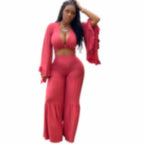 Casual Spring And Autumn For Women's Solid Color Long Sleeved Chest Wrap Top and Wide Leg Trousers Female Office 2 Piece Set Purplish Diva