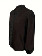Pure Color Ruffle Hemline Shirt, Casual V-neck Long Sleeve Shirt. - SJB-DIAMOND ELITES