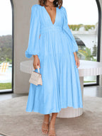 Lightweight Deep V-Neck Balloon Sleeve Maxi Dress Elegant & Flowing Silhouette Unique Dress