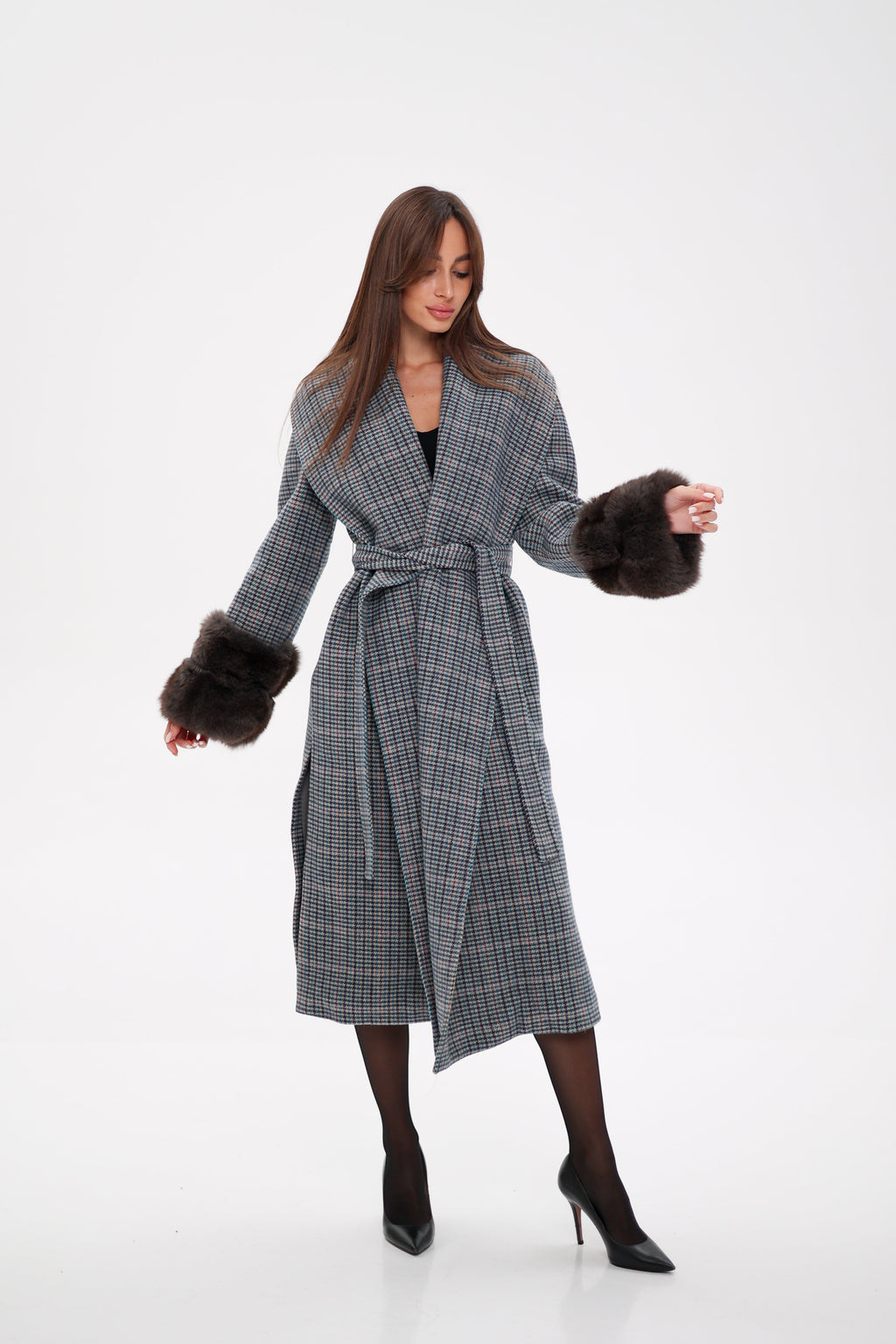 Genuine Polar Fox Fur Virgin Wool Wrap Coat - SJB-DIAMOND ELITES
