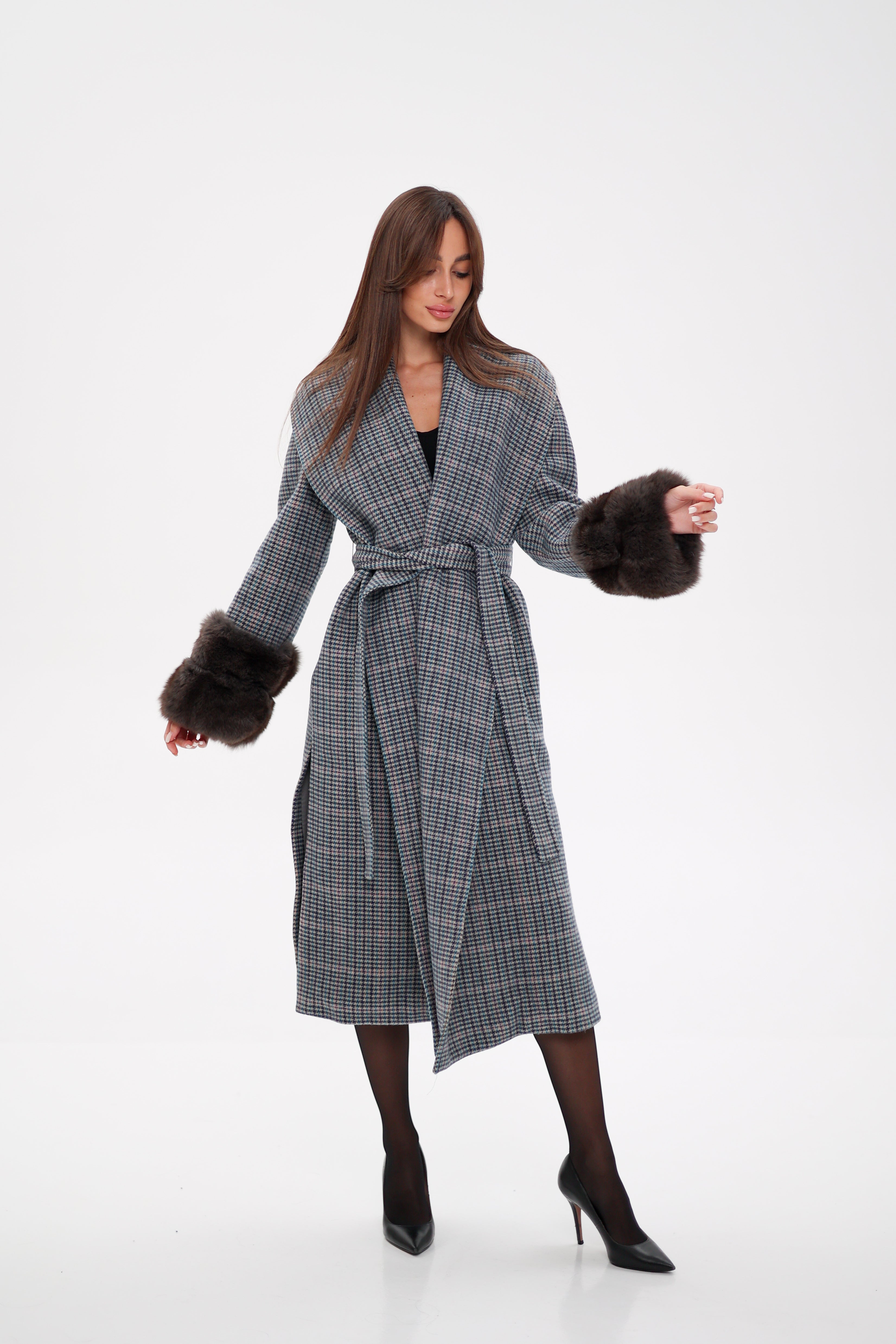 Genuine Polar Fox Fur Virgin Wool Wrap Coat - SJB-DIAMOND ELITES