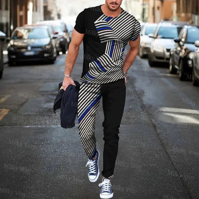 Men's Summer Tracksuit Stripe Print T-shirt Trousers Set Pi-Mart