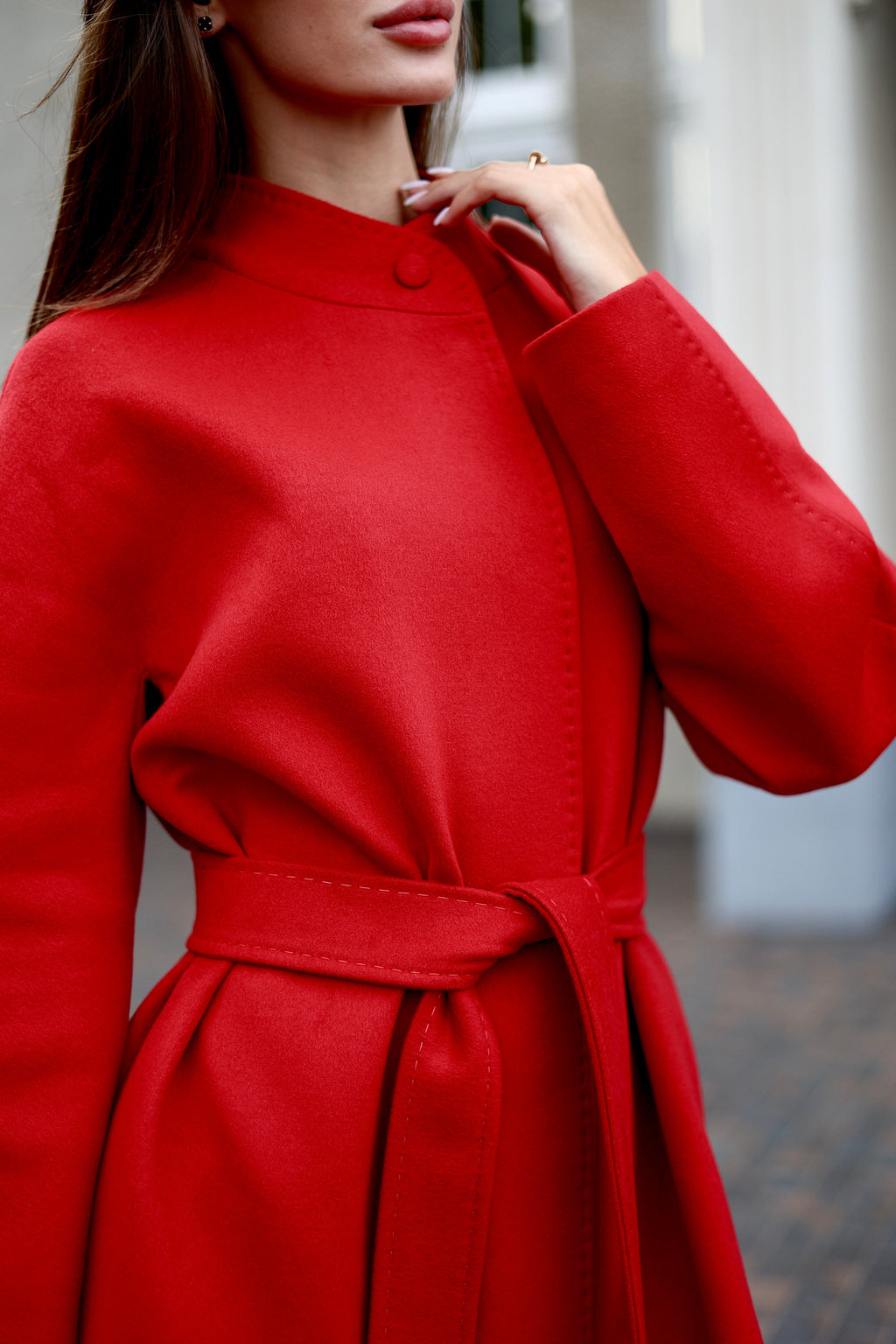 Band Collar Wool Blend Coat in Autumn Red - SJB-DIAMOND ELITES