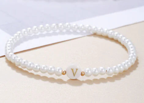 Dainty Faux Pearl Bead Initial Bracelet for Women Pi-Mart